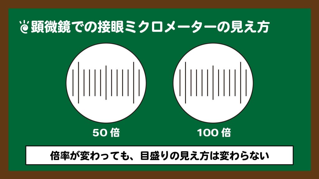 倍率が変わっても接眼ミクロメーターの見え方は変わらない。
