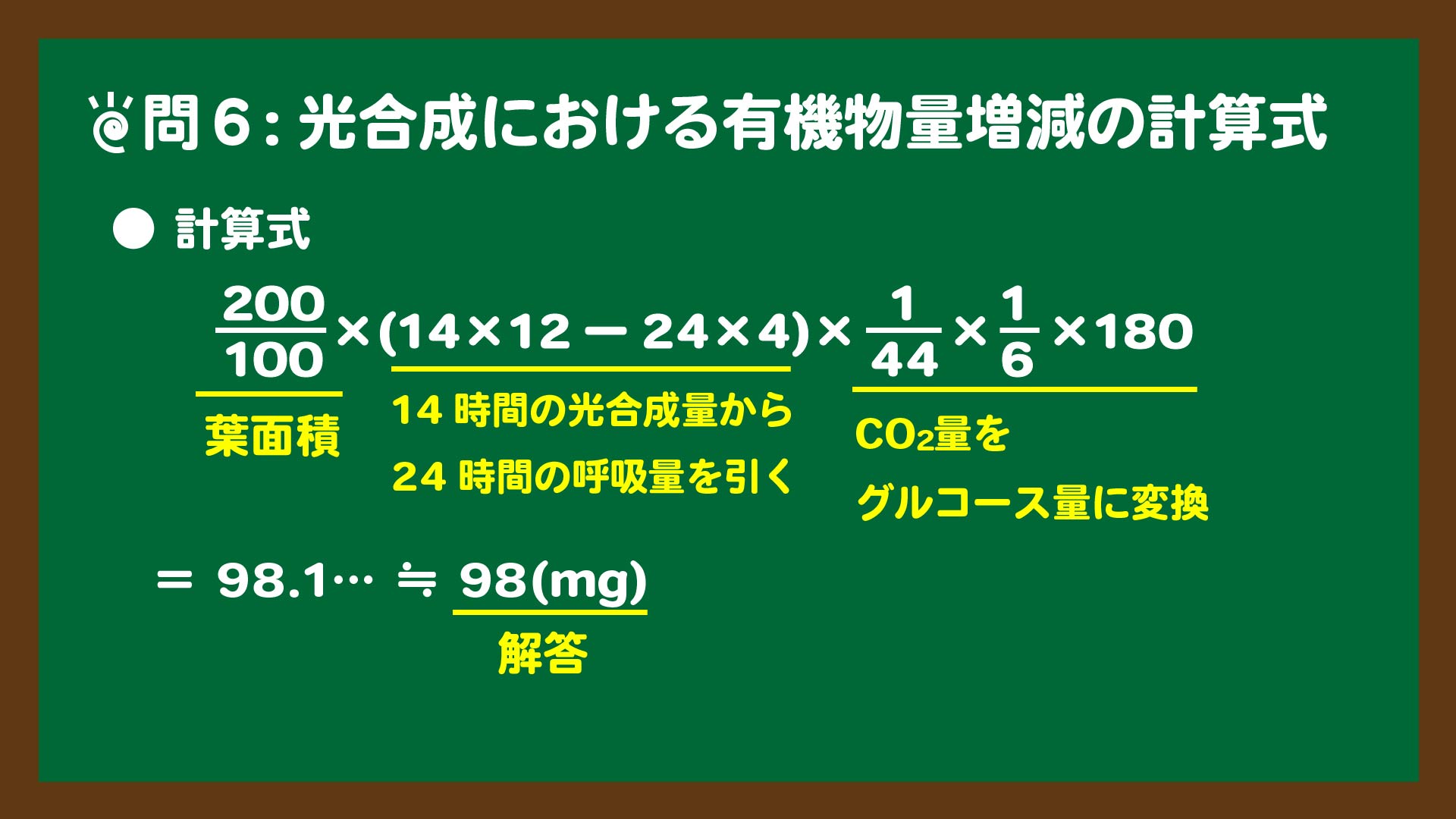 問6:光合成における有機物量増減の計算式のスライド
