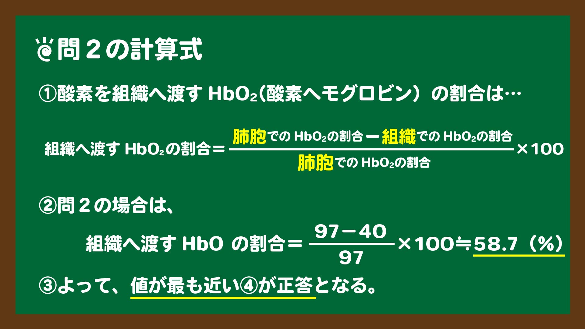 スライド4:酸素を組織へ渡す酸素ヘモグロビンの割合の計算式