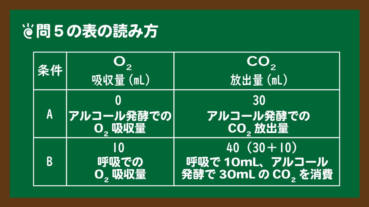 スライド5:問5の呼吸と発酵の表の読み方